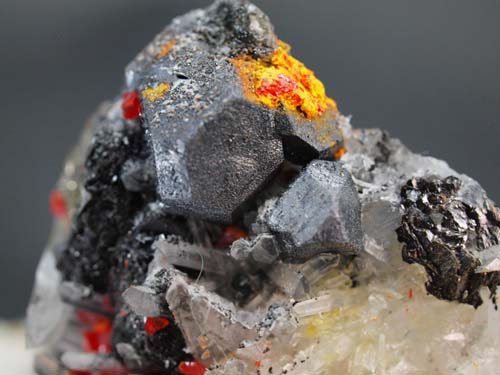 Quartz crystals with realgar crystals, galena crystals (galena crystals size 1cm) on it and sphalerite crystals.<br>Size 5cm x 7cm x 3cm