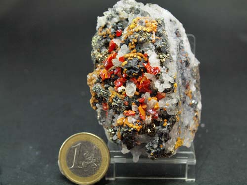 Quartz crystals with orpiment and realgar (realgar crystal size 0,5cm) crystals on it and sphalerite crystals.<br>Size 4cm x 6,5cm x 4cm