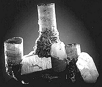 Candelabra: white quartz, blue-capped red elbaite, and tan albite